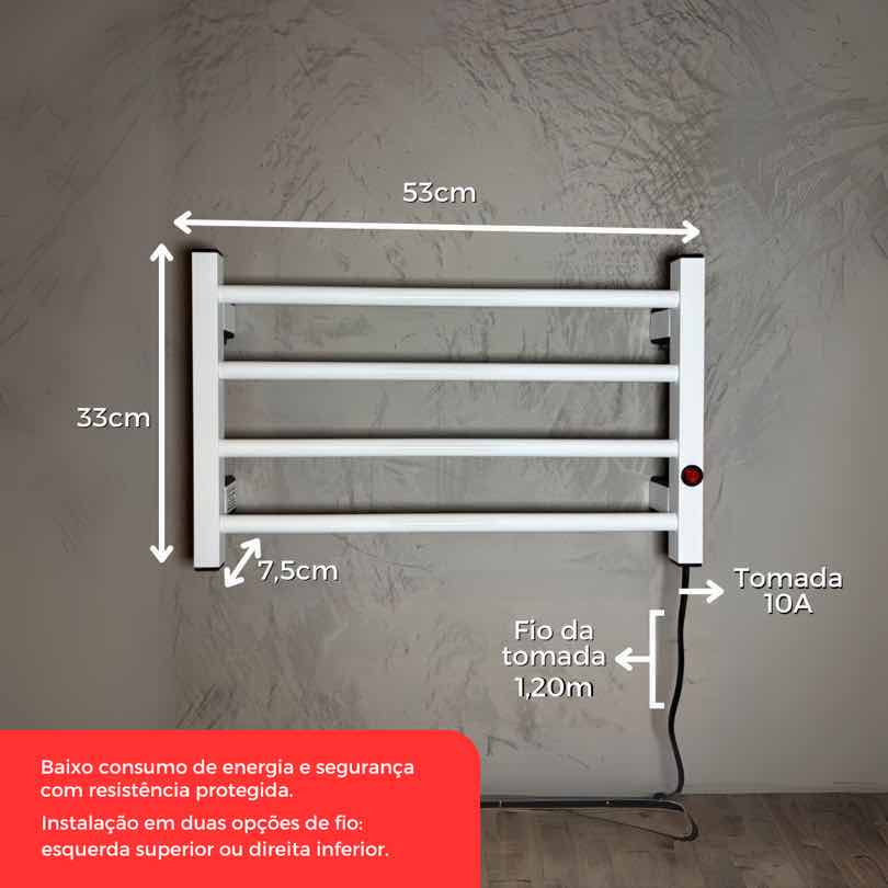 Toalheiro Térmico Porta Toalha Seca e Aquece 4 Barras Alumínio Bivolt Electrowood